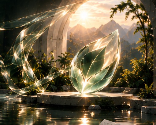 A crystal leaf glowing on a stone plinth beneath an arch at sunset
