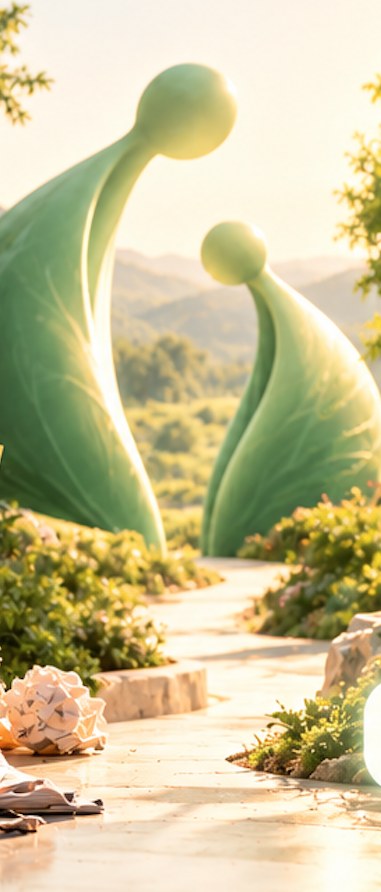 Two green sculptures on a sunlit garden path, the Amatra mark: one who cares, and one who is cared for